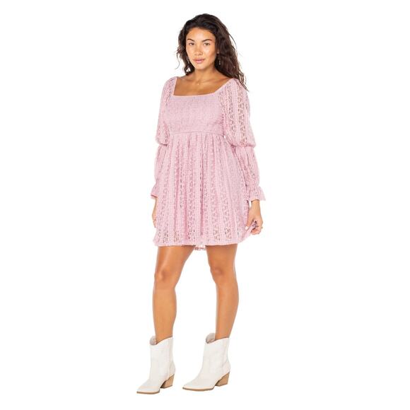 Celebrity Pink Women's Long Sleeve ruffled Lace Mini Dress square Neck Mauve XS - Picture 3 of 5